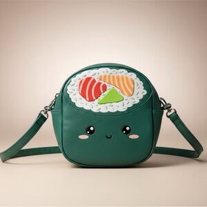 Kawaii Happy Sushi MAD Engine Green Crossbody Bag Zipper Closure